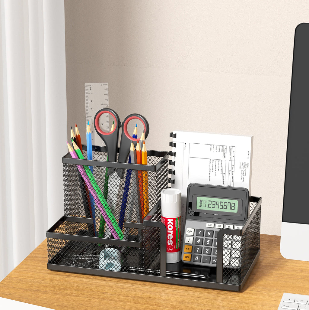 Black Mesh Desk Organizer - 3-Tier Storage with Pencil Holder & Baskets,Office Supplies Organizer for Desktop, Home & School Use