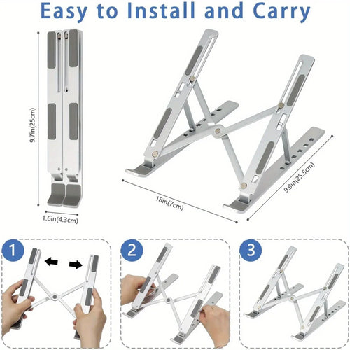 Adjustable Aluminum Laptop Stand - 6-Level Height, Foldable & Portable Design For 8-16” Laptops, Enhanced Ventilation & Heat
